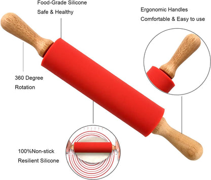 Donado Silicone Rolling Pin and Baking Mat Set with Measurements 38 cm Red