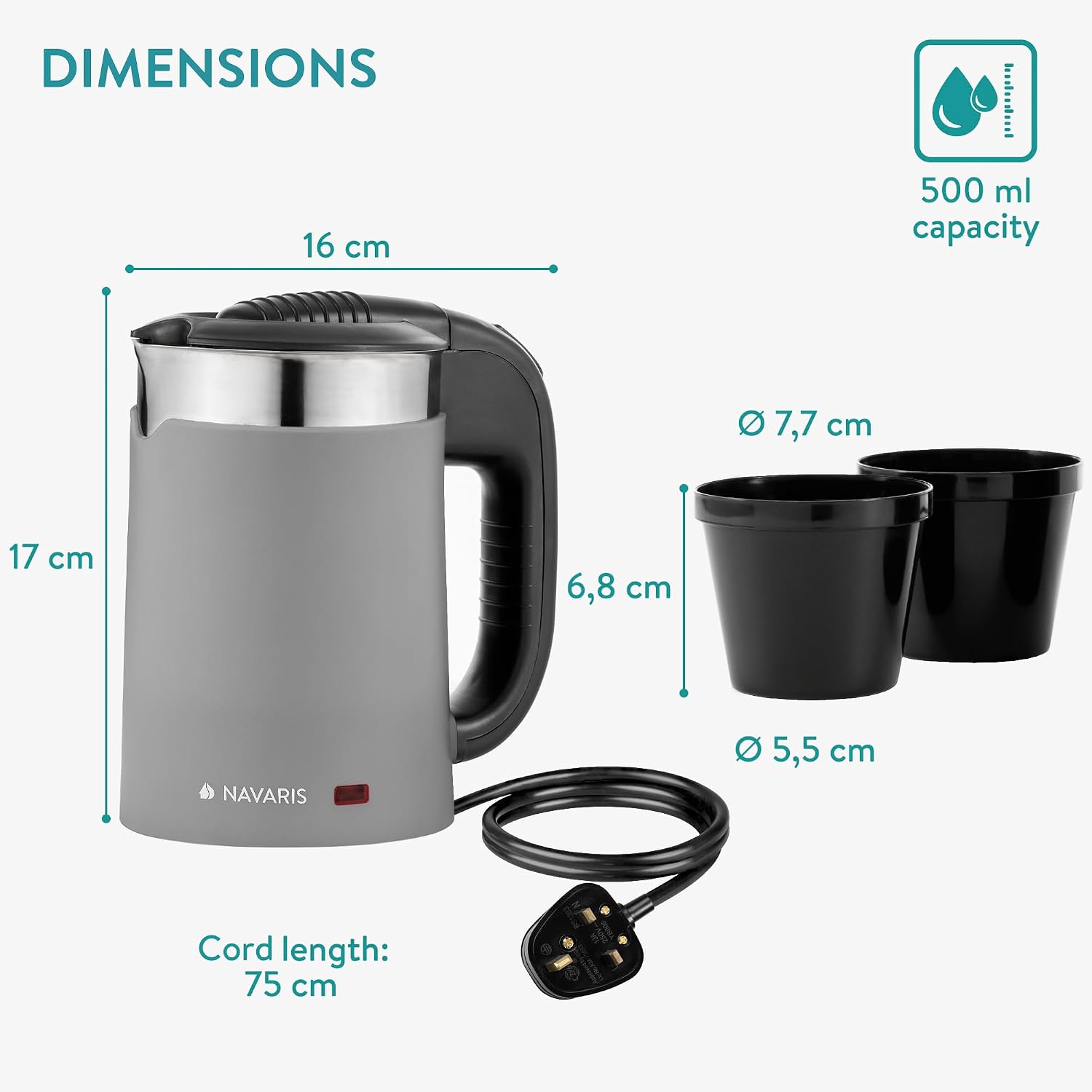 Navaris Compact Travel Kettle 0.5L Dual‑Wall Grey 1100W
