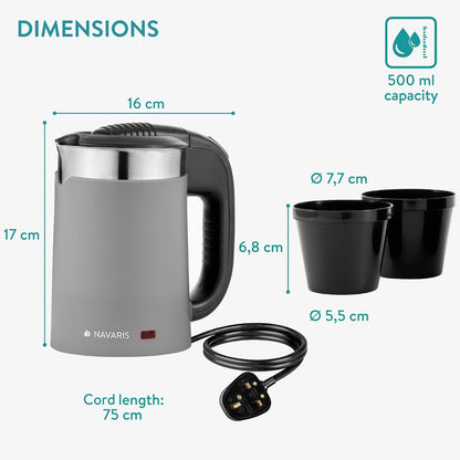 Navaris Compact Travel Kettle 0.5L Dual‑Wall Grey 1100W
