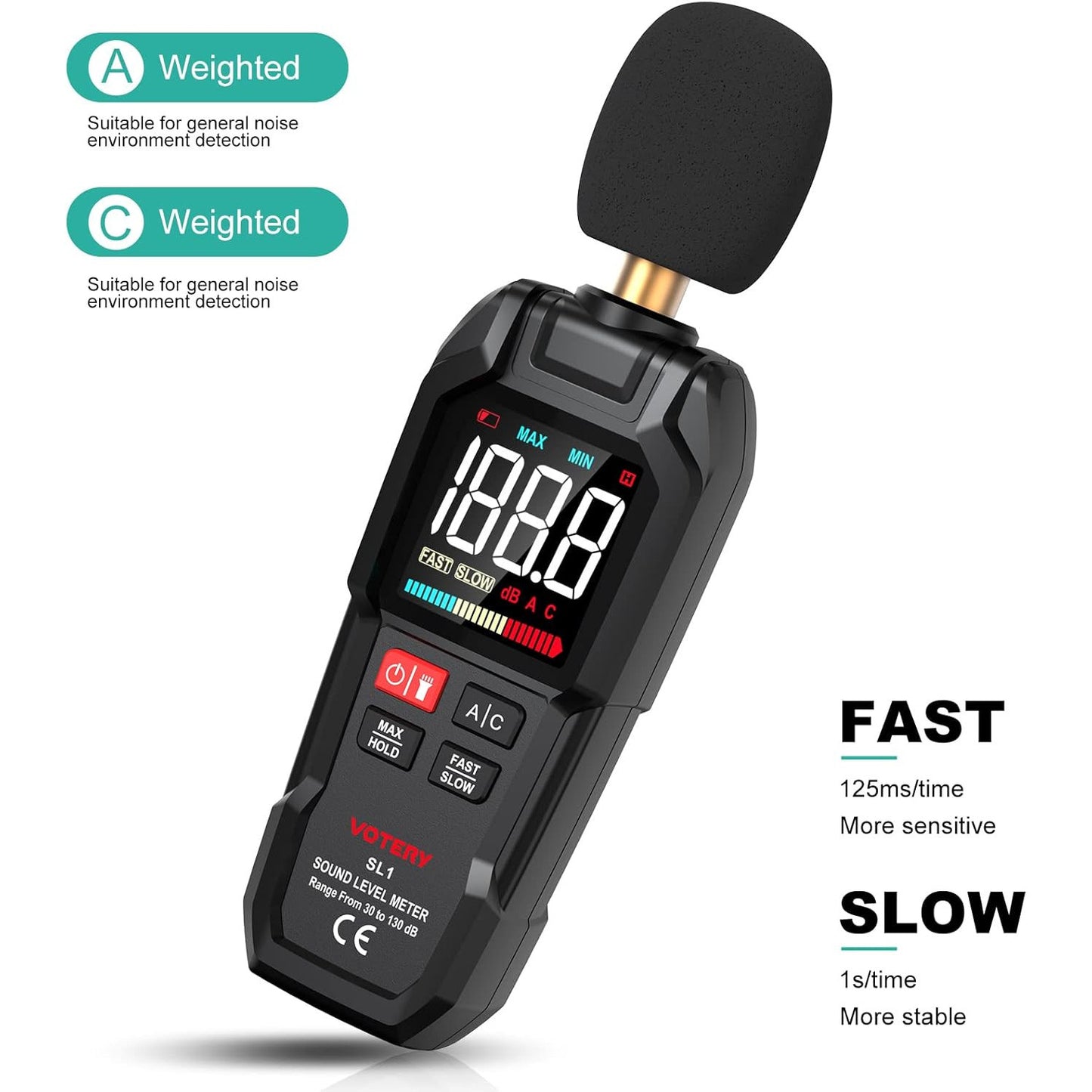 Votery Portable Digital Decibel Meter 30-130 dB A/C Weighted