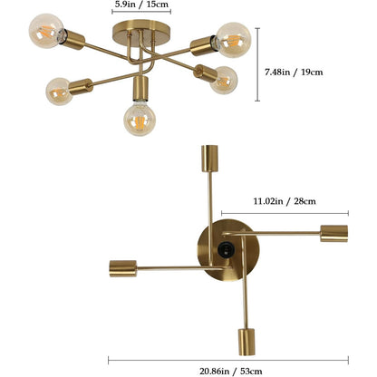 AUA Modern Gold Sputnik 5-Light Ceiling Chandelier for Living Spaces