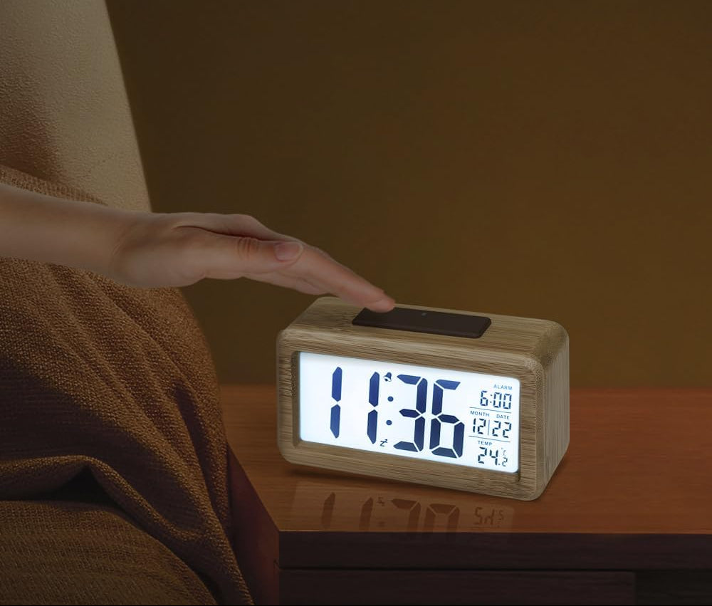aboveClock Digital Alarm Clock Wood with Sensor Module Table Clock Snooze Date Temperature Brightness Adjustable