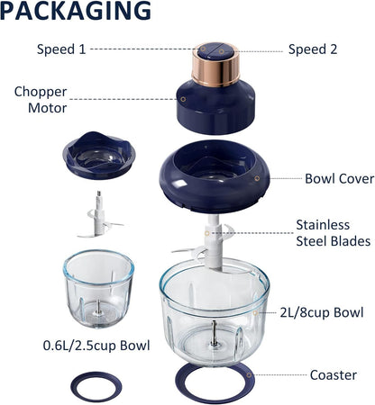 400W 2-Speed Electric Food Processor with Dual Glass Bowls