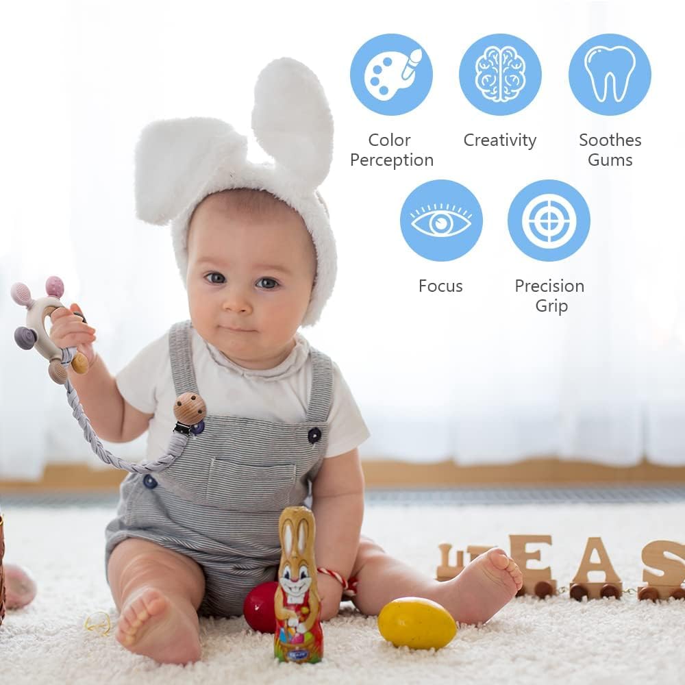 Vicloon Silicone Baby Teether Ring with Wooden Handle – Gray