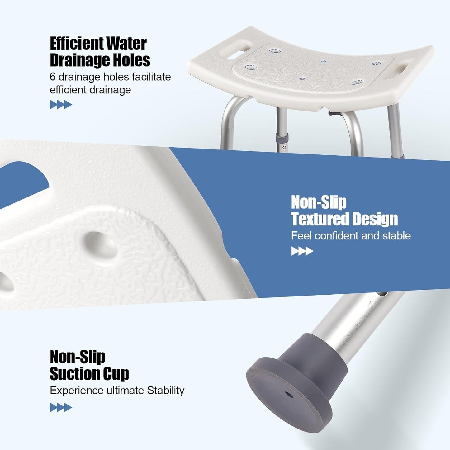 Ez2Care Adjustable Non-Slip Shower Chair with Suction Feet - 300lb Capacity