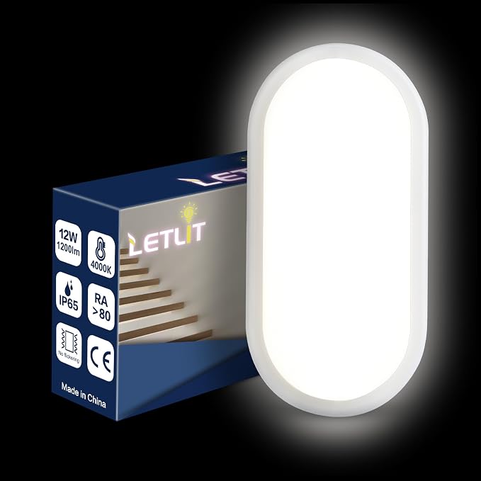 Letlit 12W LED Wall Light IP54 Bathroom Bulkhead 1200lm 4000K Neutral White Ceiling Porch Light