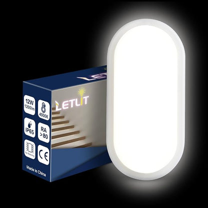 Letlit 12W LED Wall Light IP54 Bathroom Bulkhead 1200lm 4000K Neutral White Ceiling Porch Light