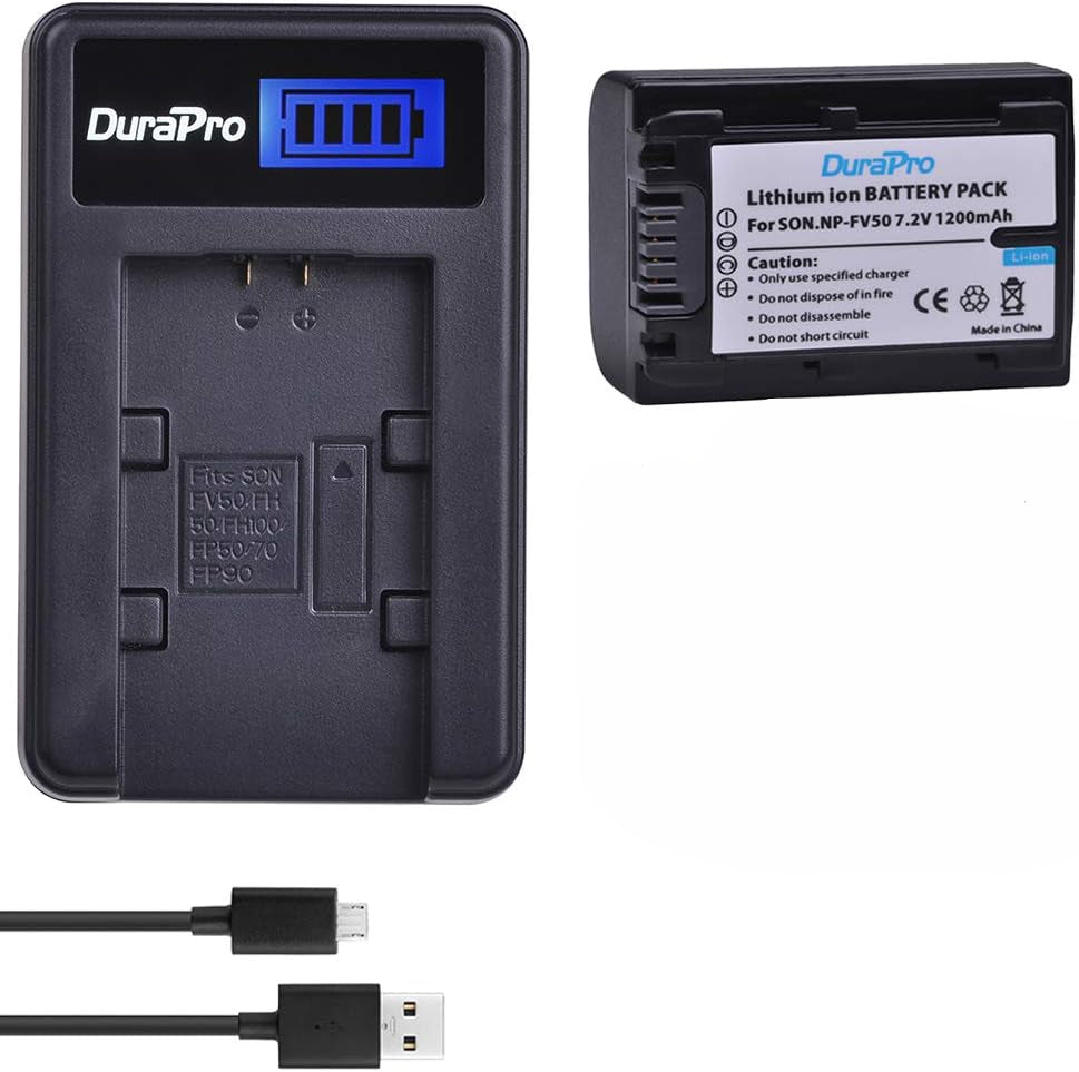 DuraPro 2-Pack 1200mAh NP-FV50 Battery with LCD USB Charger for Sony Handycam HDR-CX150E HDR-CX170 HDR-CX300