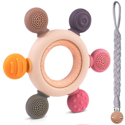 Vicloon Silicone Baby Teether Ring with Wooden Handle – Gray