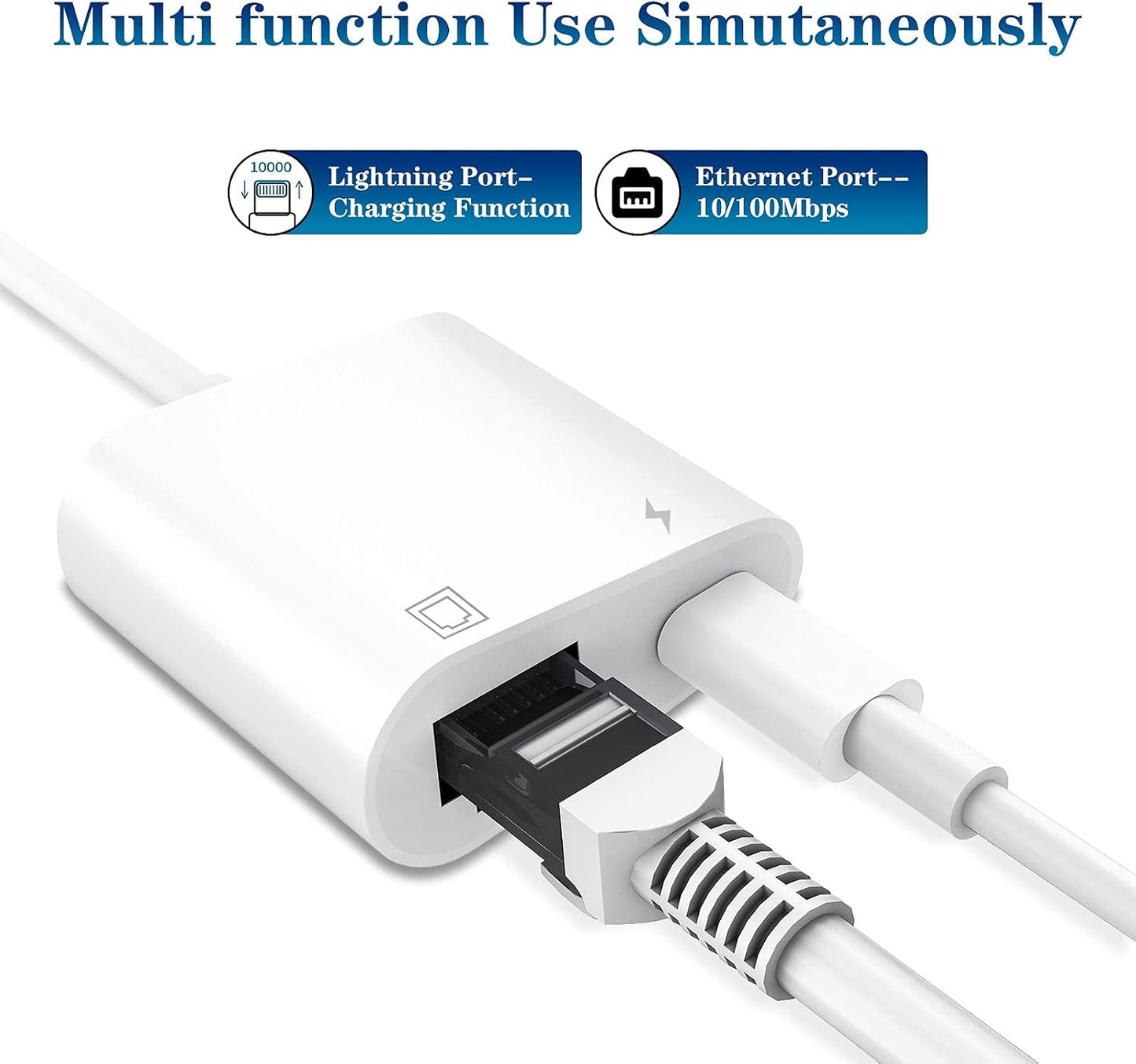DESOFICON Lightning to Ethernet Adapter 2-in-1 RJ45 LAN Network with Charging Port for iPhone iPad White