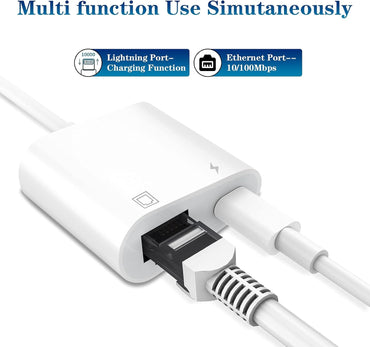 DESOFICON Lightning to Ethernet Adapter 2-in-1 RJ45 LAN Network with Charging Port for iPhone iPad White
