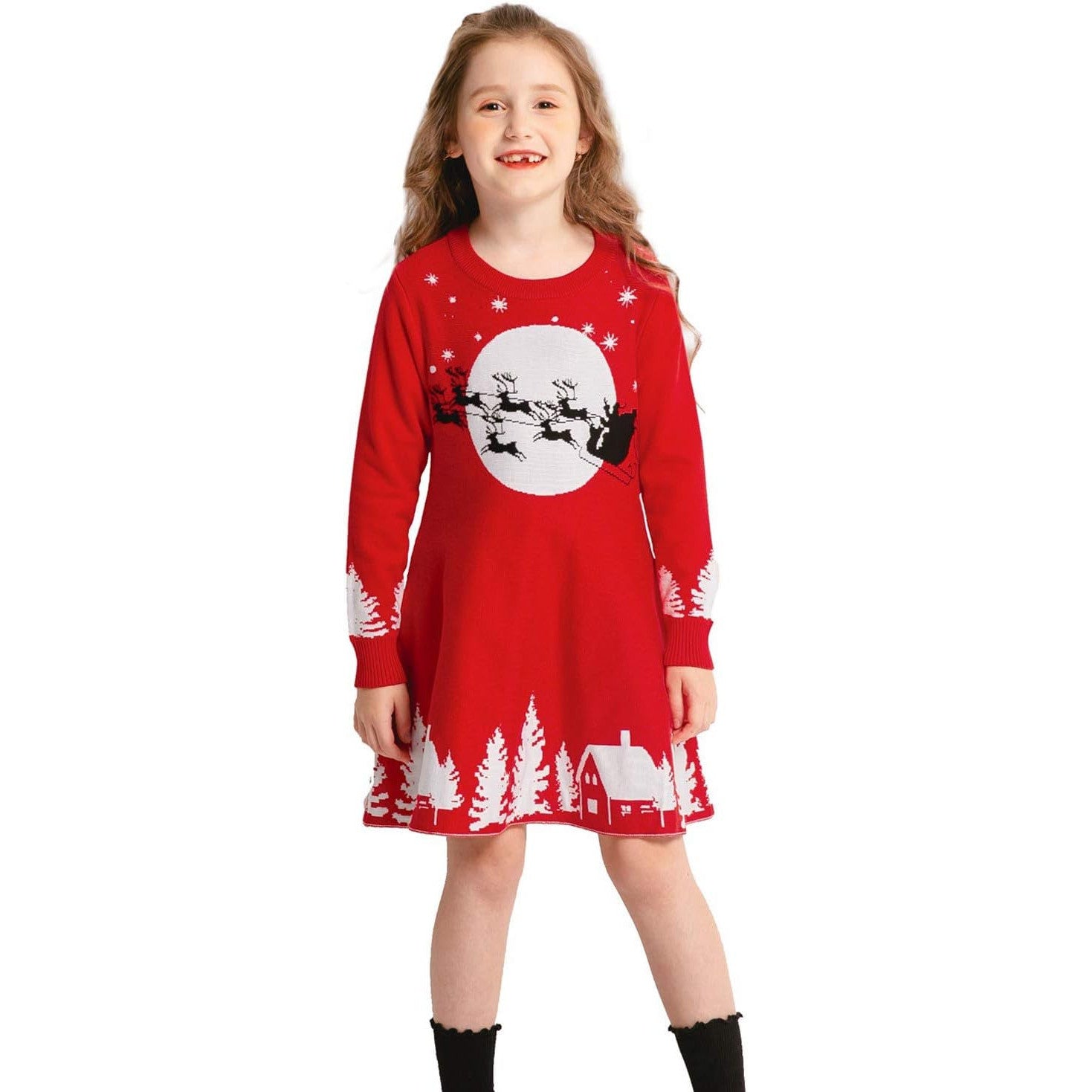 SMILING PINKER Girls Christmas Reindeer Knitted Dress – Warm Festive Outfit