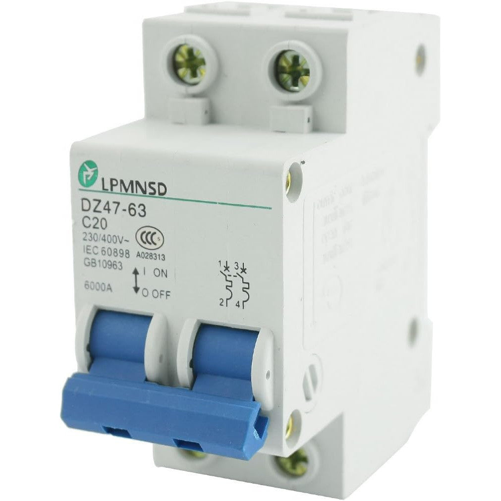 Miniature 2-Pole DIN Rail Circuit Breaker 20A 6000A AC 230V/400V