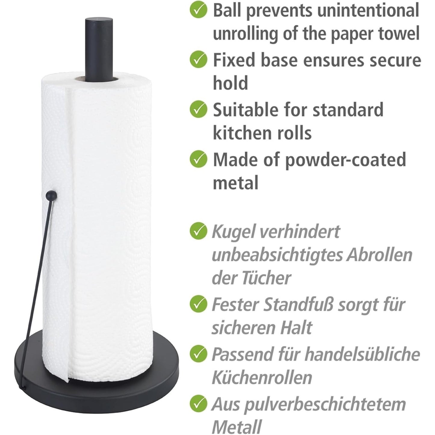 WENKO Clayton Black Free-Standing Kitchen Roll Holder – Powder-Coated Metal, Ø15×33cm