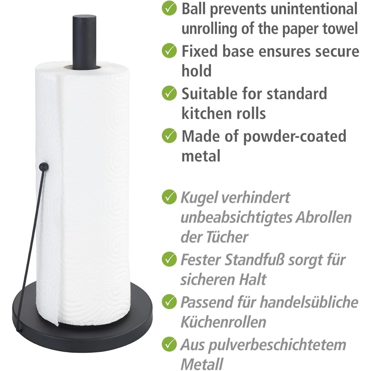 WENKO Clayton Black Free-Standing Kitchen Roll Holder – Powder-Coated Metal, Ø15×33cm