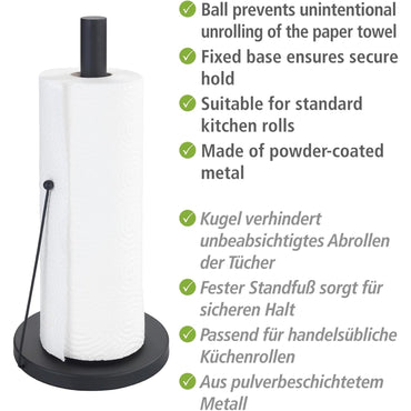 WENKO Clayton Black Free-Standing Kitchen Roll Holder – Powder-Coated Metal, Ø15×33cm