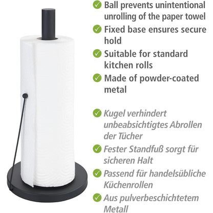 WENKO Clayton Black Free-Standing Kitchen Roll Holder – Powder-Coated Metal, Ø15×33cm