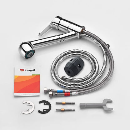 Ibergrif M14550 Kitchen Tap with Shower, Low Spout Sink Tap, 360° Rotatable Kitchen Sink Faucet, Chrome, Silver - Gomix Brands Outlet