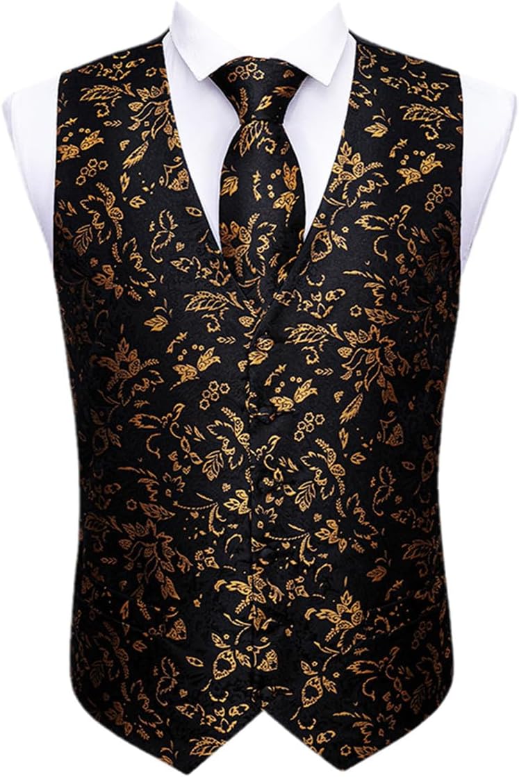 Gold Designer Men's Wedding Vest with Silk Tie & Brooches