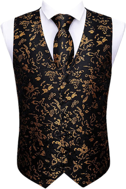 Gold Designer Men's Wedding Vest with Silk Tie & Brooches