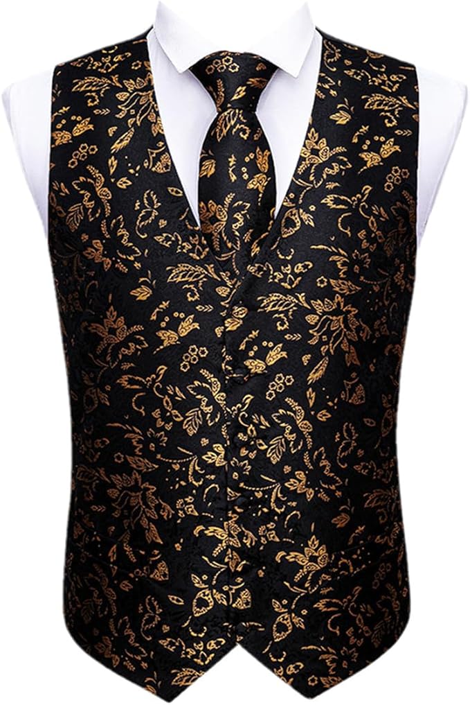 Gold Designer Men's Wedding Vest with Silk Tie & Brooches