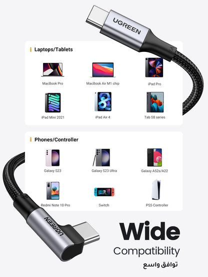 UGREEN USB C to USB C Cable Right Angle 2m 100W 5A PD Fast Charge 90 Degree Braided for iPhone 17-15 MacBook Samsung