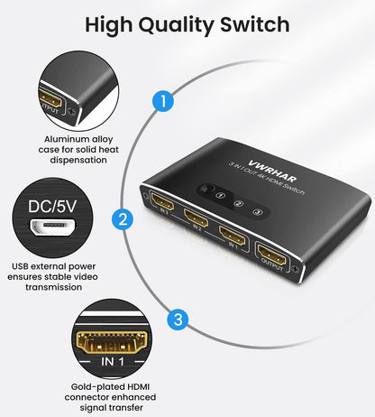 VWRHar 4K2301A 3-Port HDMI Switch 4K UHD with Remote Control Black