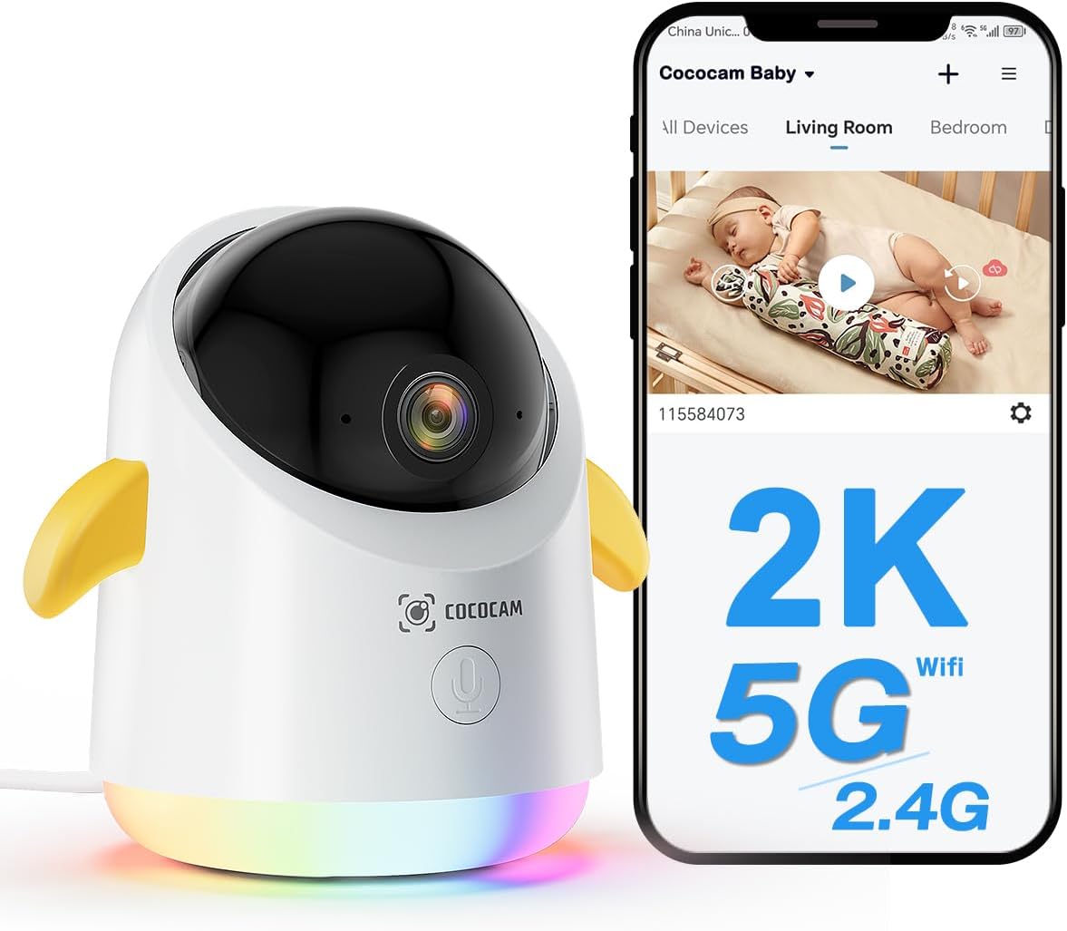 COCOCAM 2K WiFi Baby Monitor 355° Pan & Night Vision