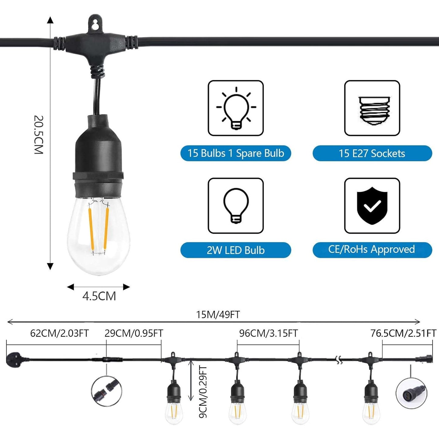 LangPlus+ 49FT Heavy Duty Waterproof Outdoor LED String Lights