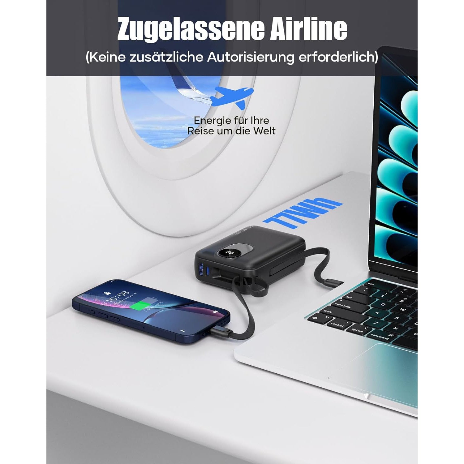 20000 mAh Fast‑Charging Power Bank with Built‑In USB‑C Cable