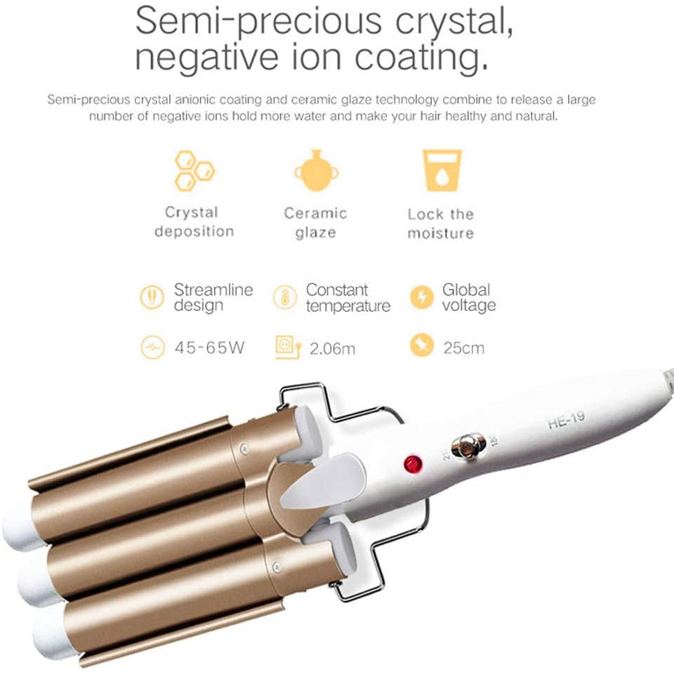 Crebeau 3-Barrel Gold Hair Curler with Adjustable 210°F Temperature