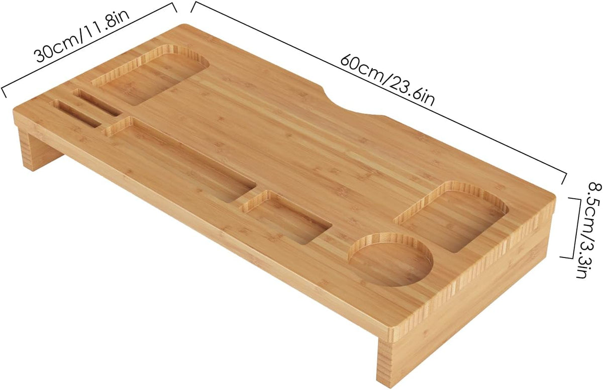 RUIYAN Bamboo Monitor Stand 60 x 30 x 8.5 cm with 7 Storage Compartments Ergonomic Desktop Riser