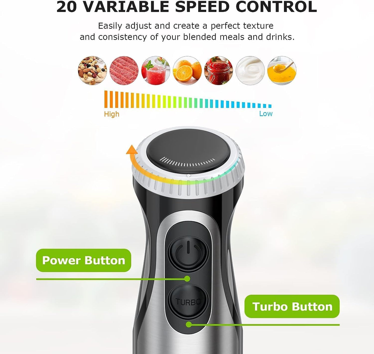 Bonsenkitchen 1000W 2-in-1 Hand Blender with Whisk Stainless Steel