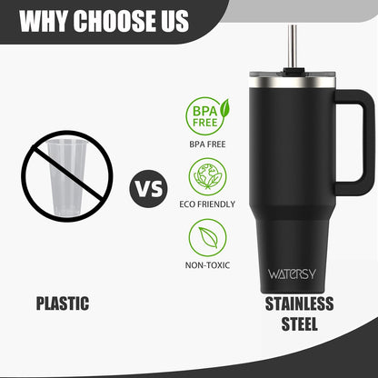 WATERSY 40oz Black Insulated Tumbler with Handle, Lid, Straw