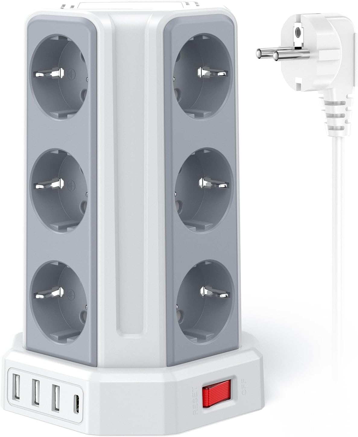 ZYC05 12-Outlet Power Strip Tower with 4 USB Ports and 5m Cable White
