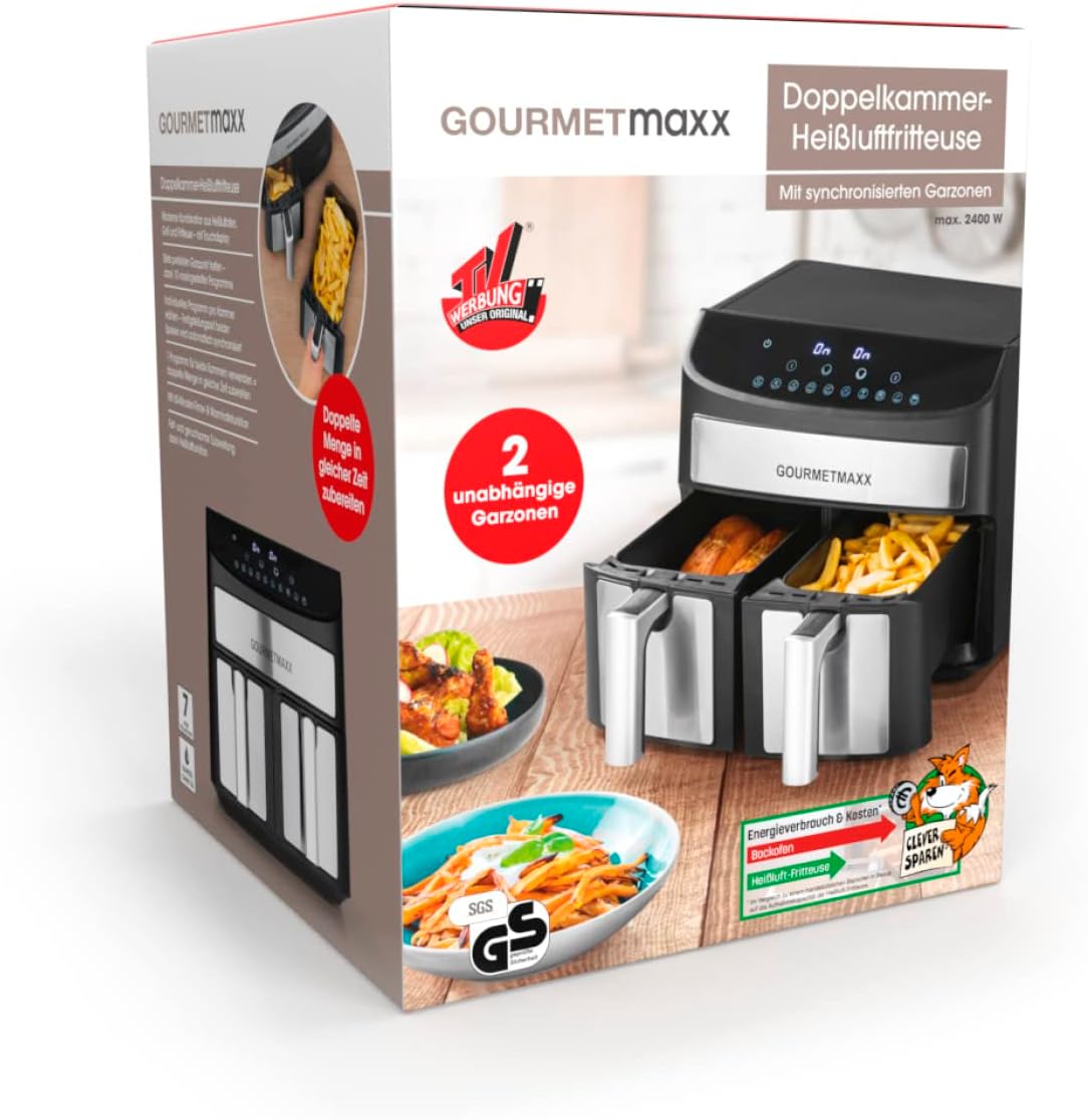 GOURMETmaxx 7L Double Chamber Hot Air Fryer – Low Fat, 10 Programs, Touchscreen
