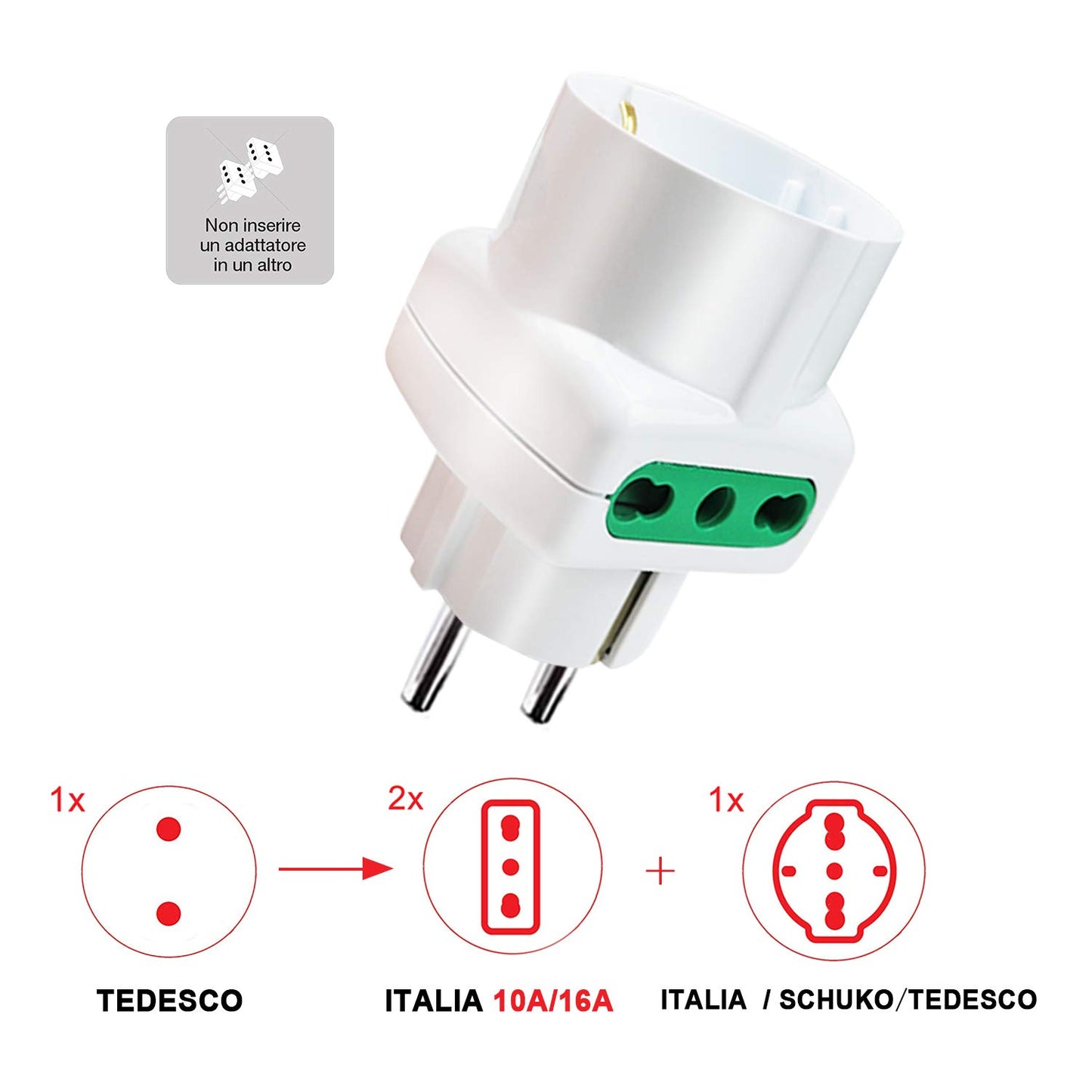 EXTRASTAR Triple Adapter 2 Bivalent Sockets 1 Pluristandard Plug 16A Schuko White