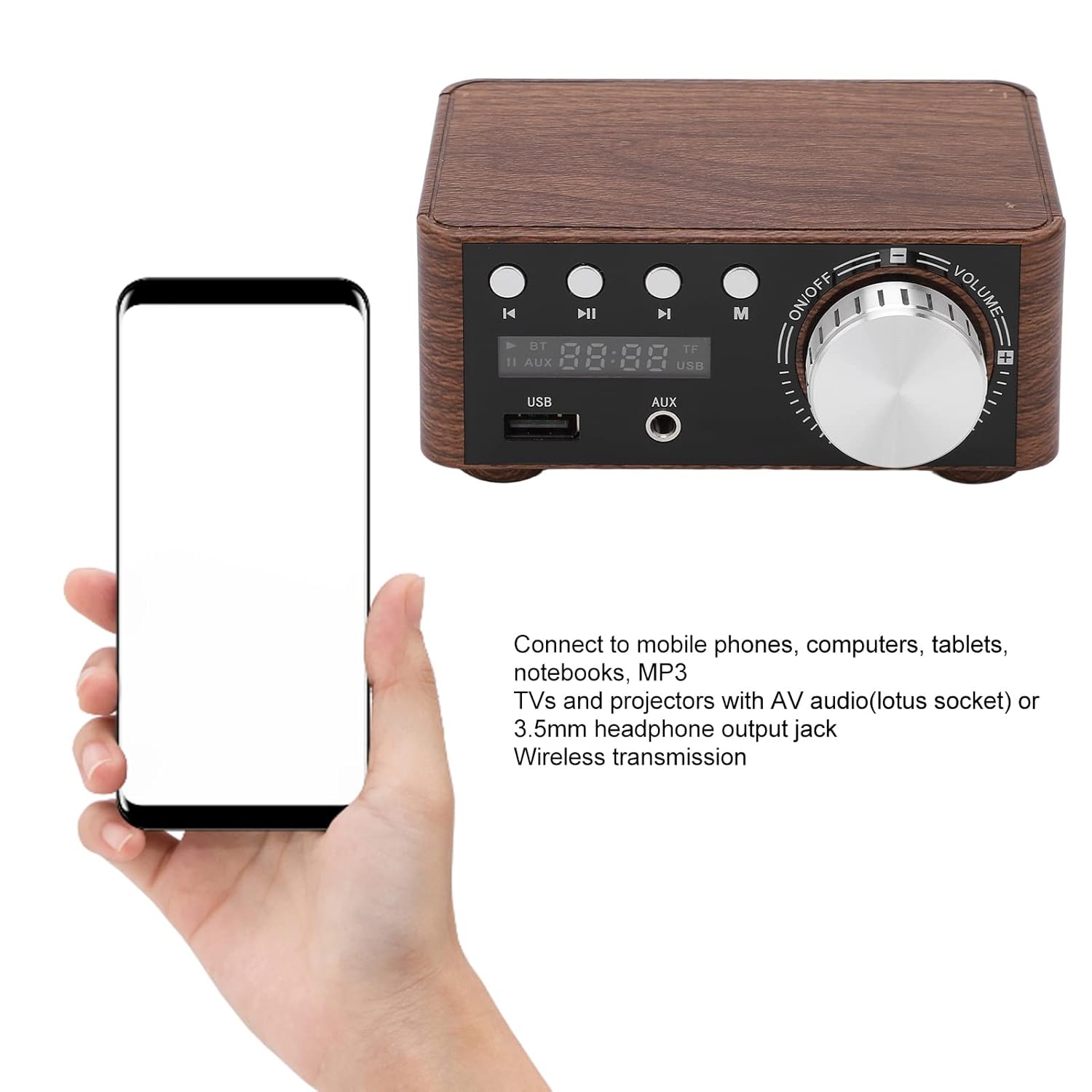 Bluetooth 5.0 2-Channel Wood Grain HiFi Amplifier with USB Input