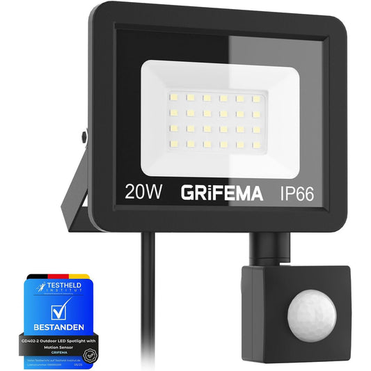 GRIFEMA 20W LED Motion Sensor Spotlight with 2200 Lumen 6500K Cool White Light