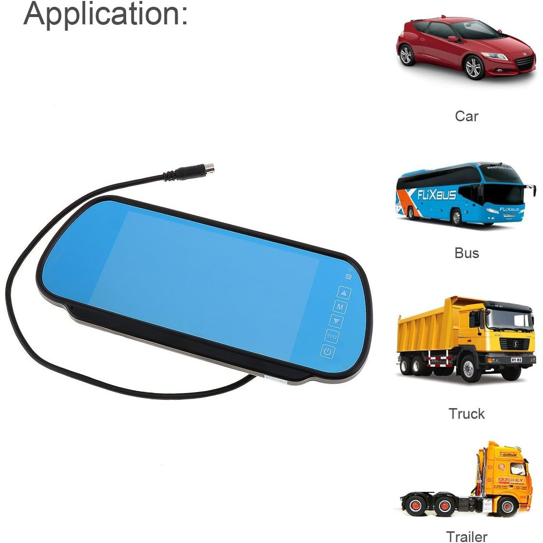 BW 7 Inch 16:9 TFT LCD Widescreen Car Monitor Rear View Mirror with Touch Button, HD 800x480 Resolution, Dual Video Input