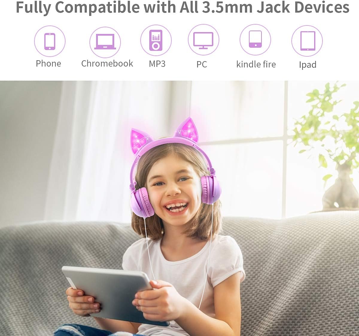 Esonstyle Kids Cat Ear Headphones Wired Over-Ear 85dB Volume Limited Food-Grade Silicone 3.5mm Jack Pink