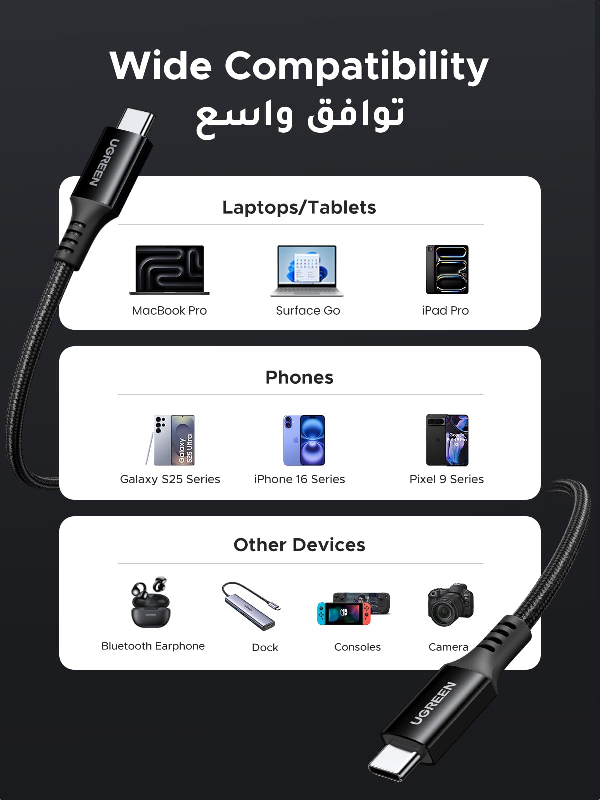 UGREEN USB C to USB C Cable 100W 5A PD Fast Charge Braided 2m for iPhone 17-15 MacBook Samsung