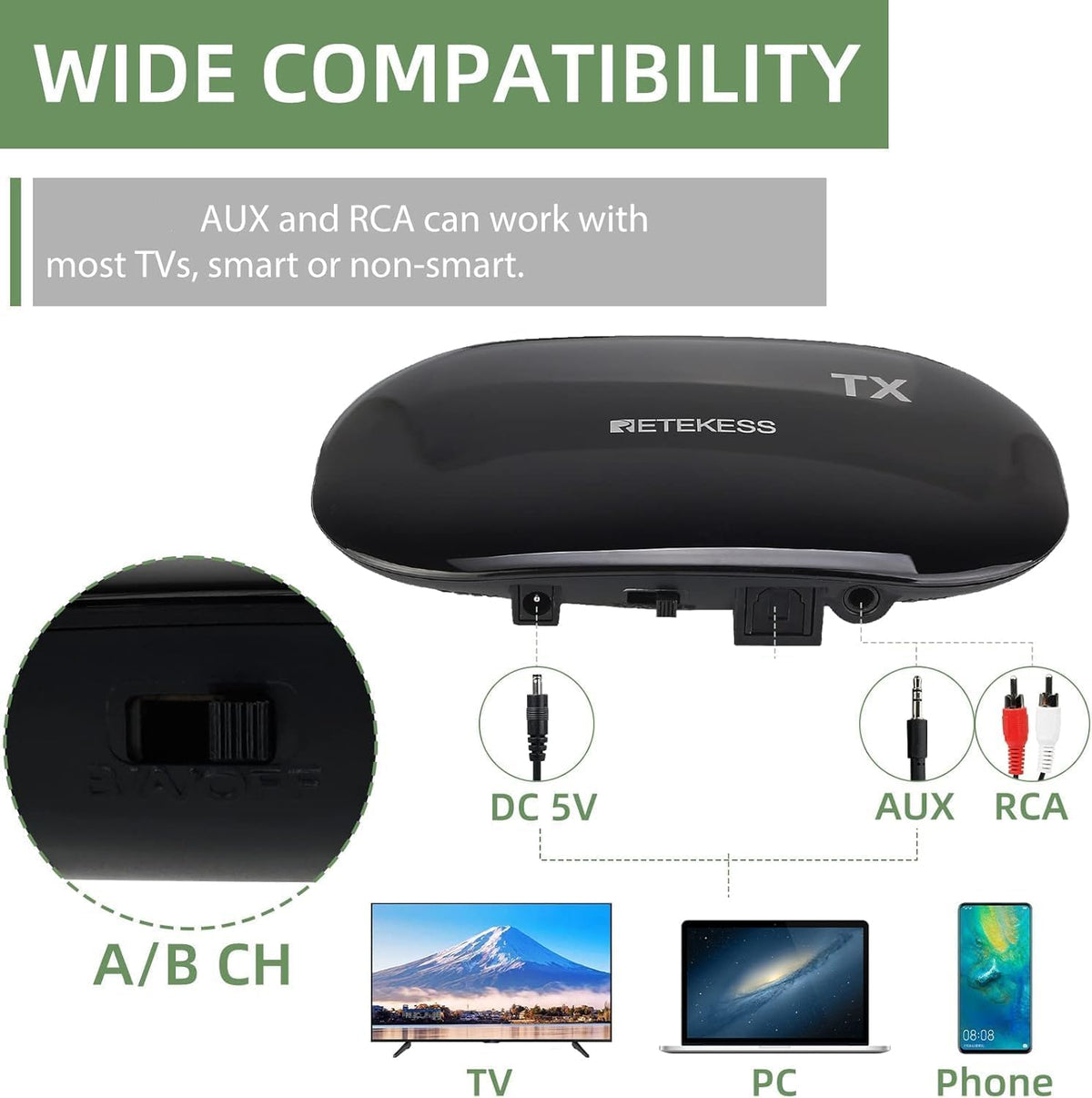 Retekess TA005 Wireless Over-Ear TV Headphones with Transmitter Black