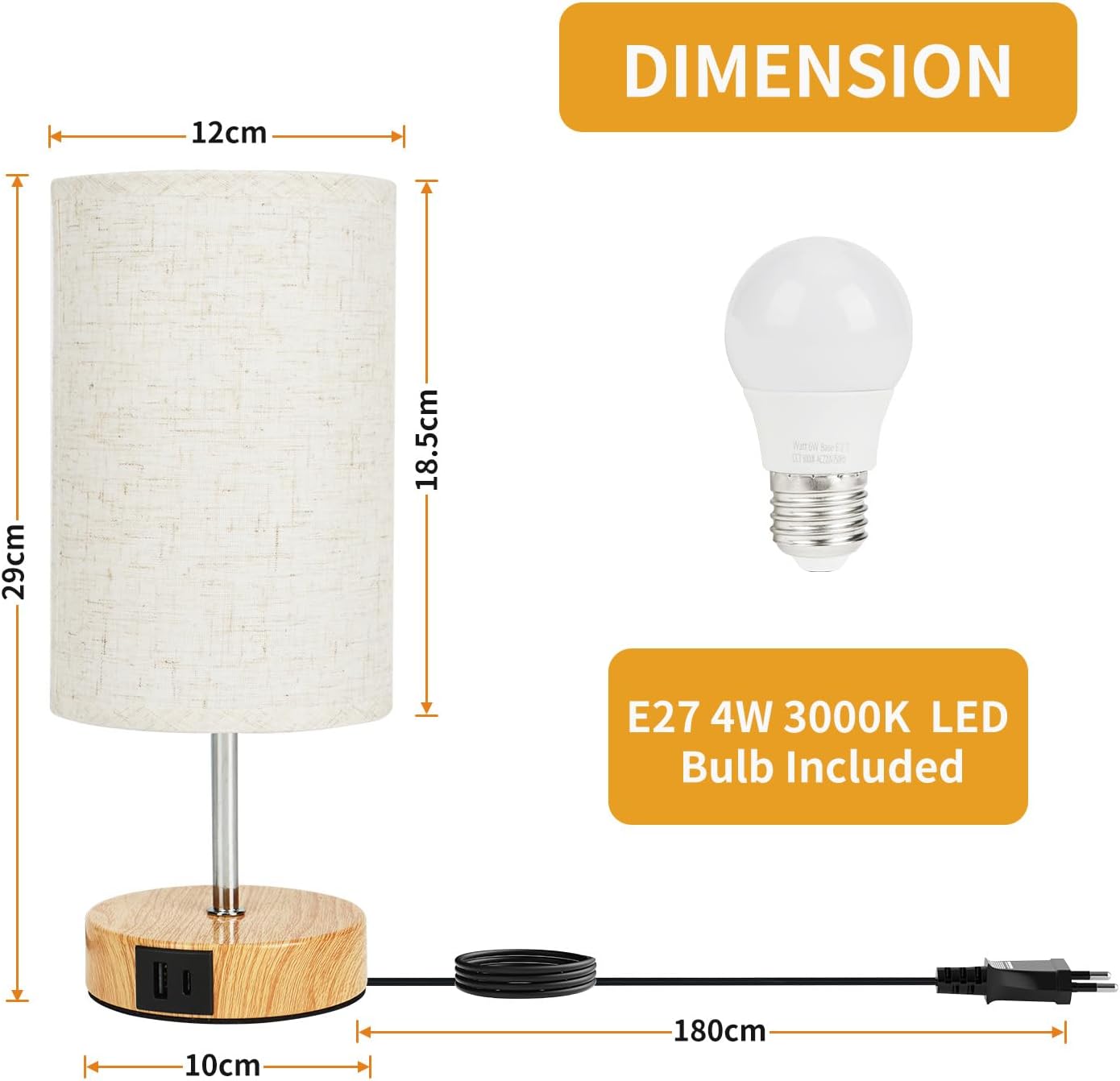 Suright Bedside Lamps Set of 2 with USB A+C Charging Ports 3-Way Dimmable Touch Control Table Lamp with Linen Fabric Shade LED Bulb Included