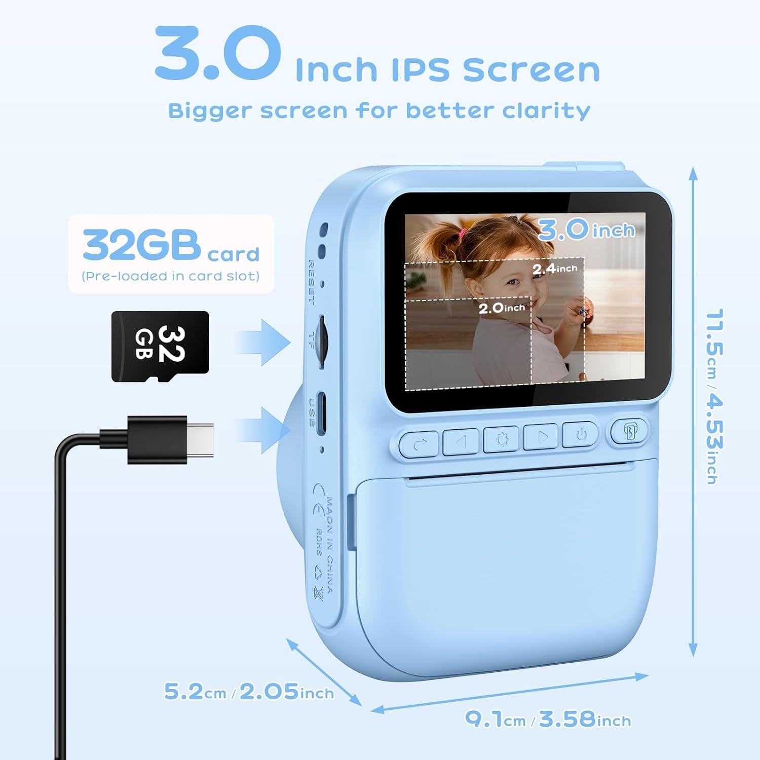 GREENKINDER H2 Kids Instant Print Camera 3.0" Screen 1080P 32GB Card for Ages 3-12