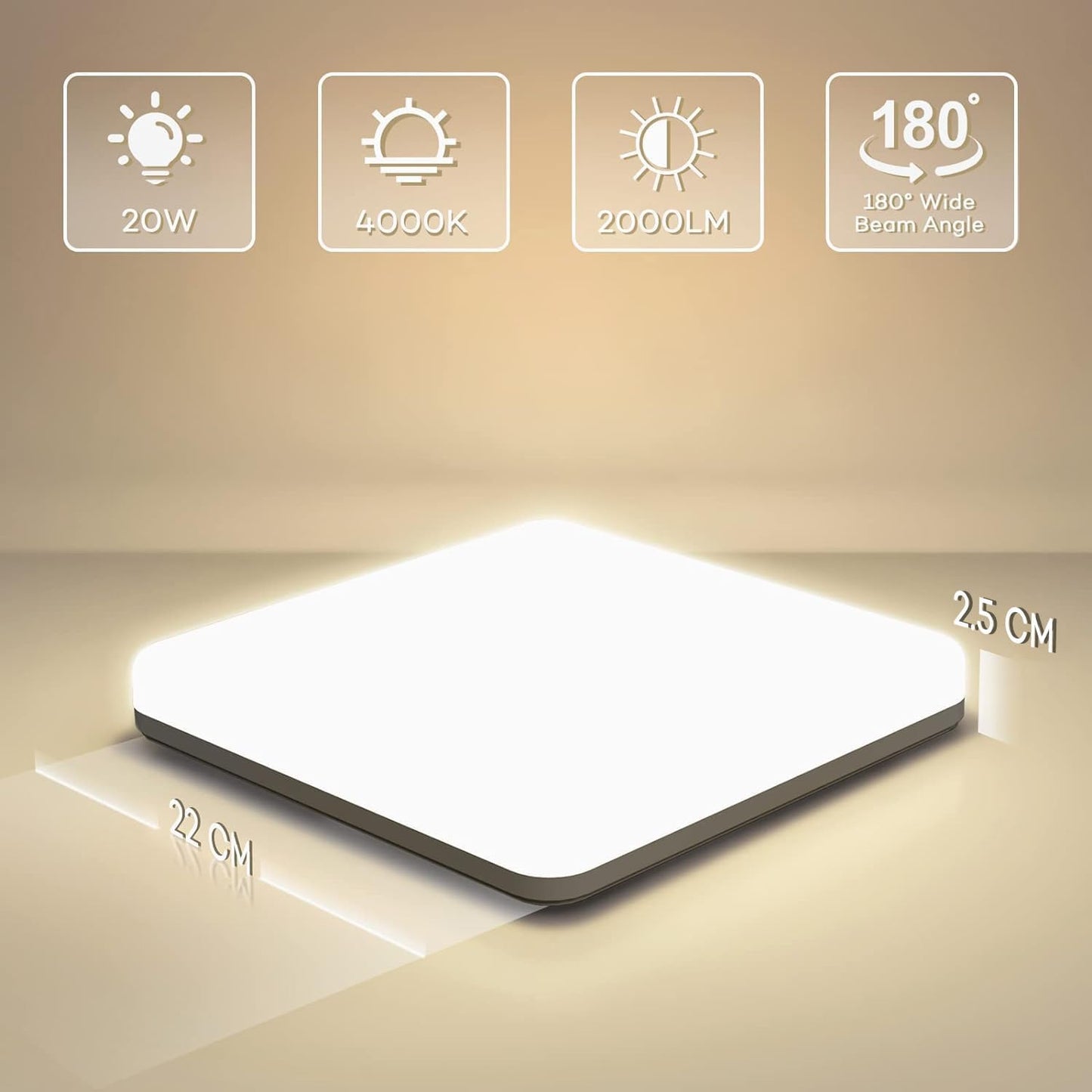 OUILA LED Ceiling Light 2-Pack 20W 2000lm 4000K Natural White IP44 Waterproof 22x22cm