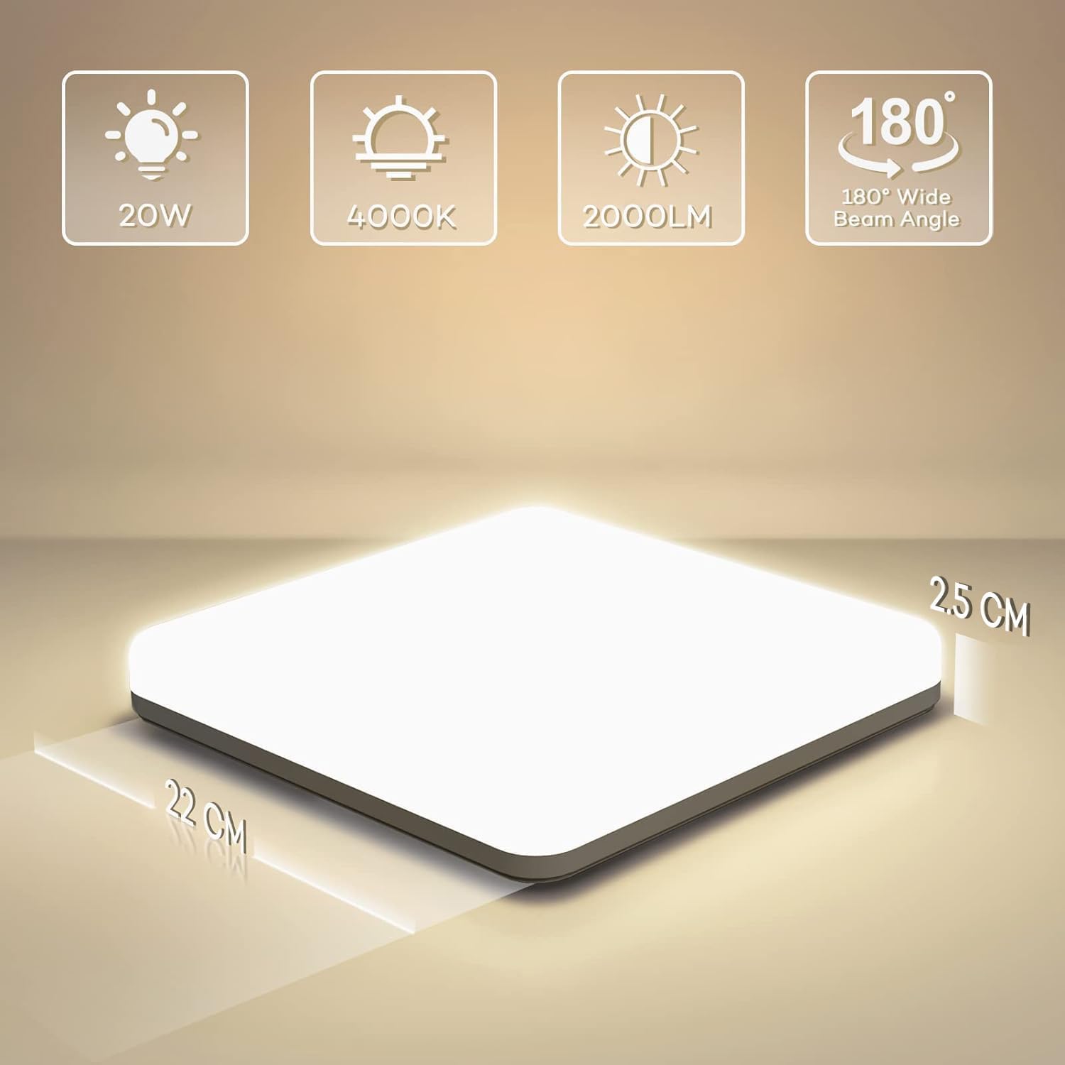 OUILA LED Ceiling Light 2-Pack 20W 2000lm 4000K Natural White IP44 Waterproof 22x22cm