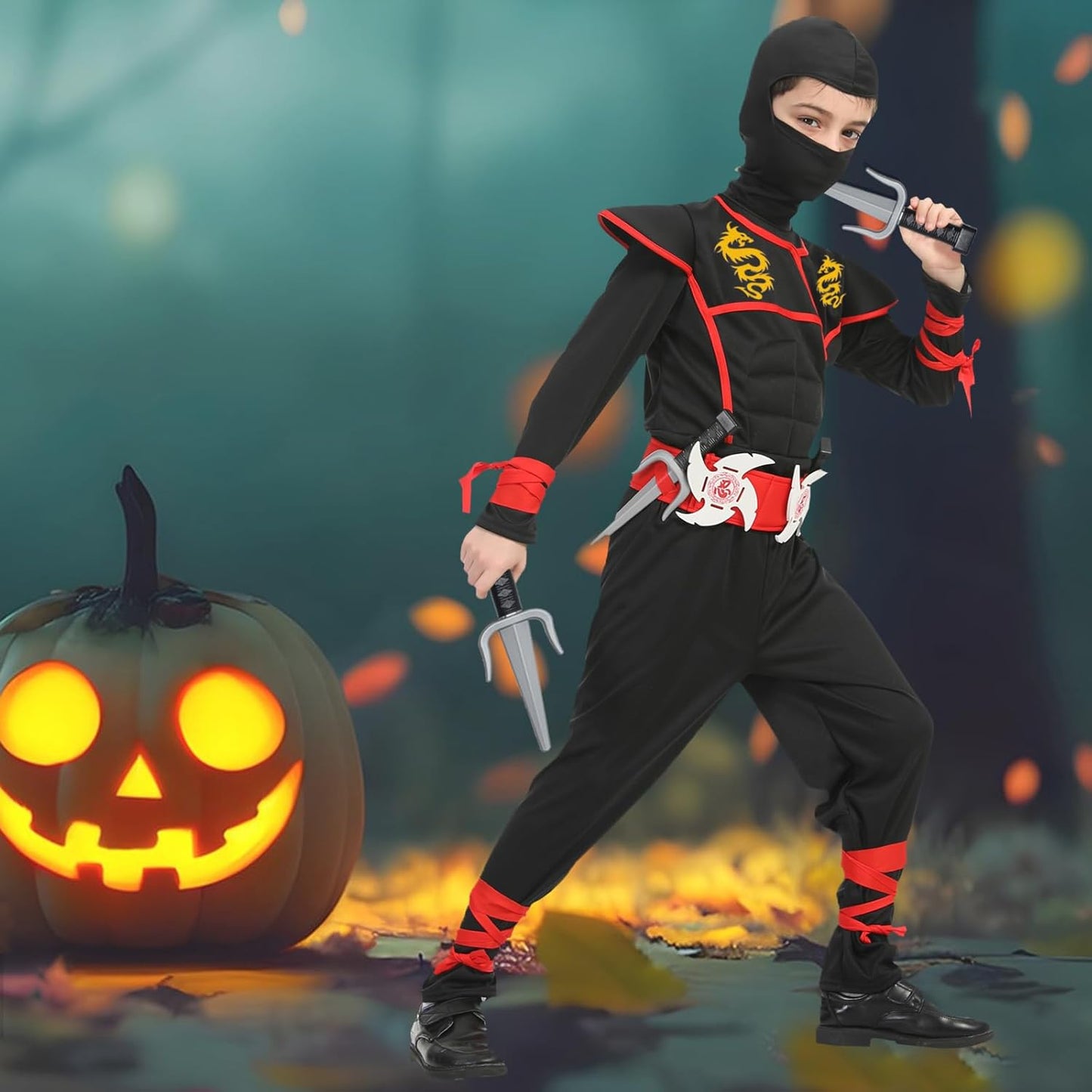 SATKULL Kids Ninja Costume Set with Dragon Accessories