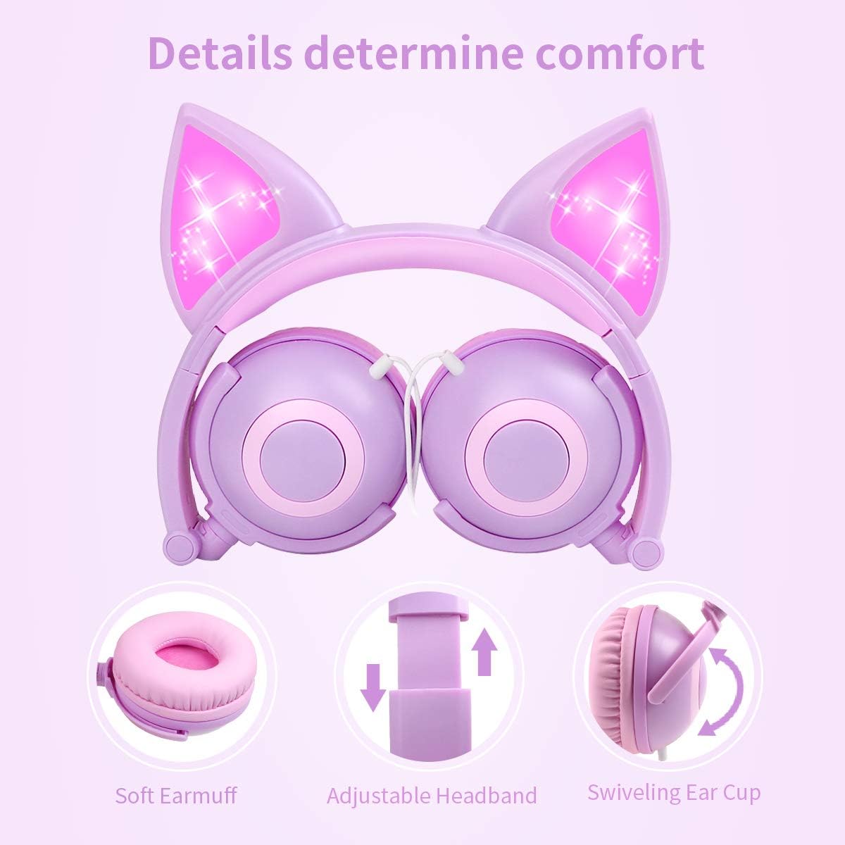 Esonstyle Kids Cat Ear Headphones Wired Over-Ear 85dB Volume Limited Food-Grade Silicone 3.5mm Jack Pink