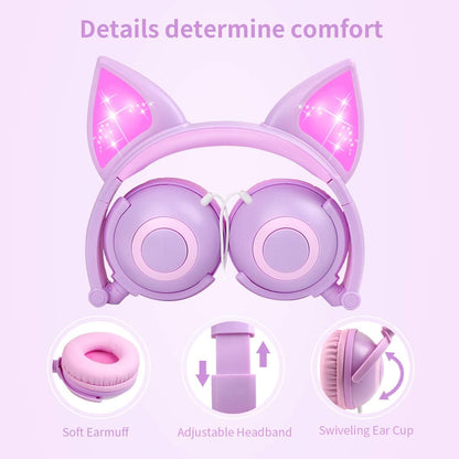 Esonstyle Kids Cat Ear Headphones Wired Over-Ear 85dB Volume Limited Food-Grade Silicone 3.5mm Jack Pink